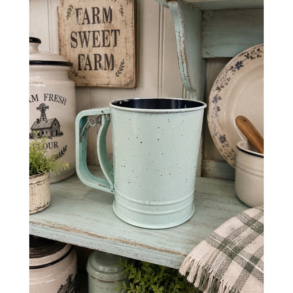Vintage Metal Flour Sifter Mug Mint Green Speckled Kitchen Baking Tool Cup Jar